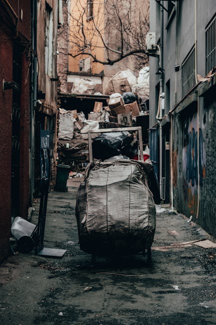 A narrow urban alleyway filled with a significant accumulation of waste materials, including large black and grey garbage bags and various cardboard boxes piled high at the far end of the space. In th